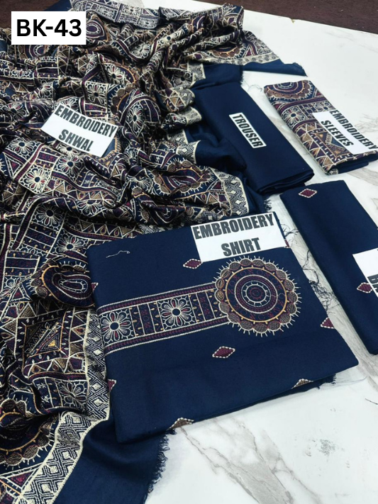 BAREEZE KARANDI | DS 43 | KARANDI EMBROIDERED 3PC WITH EMBROIDERED SHAWL