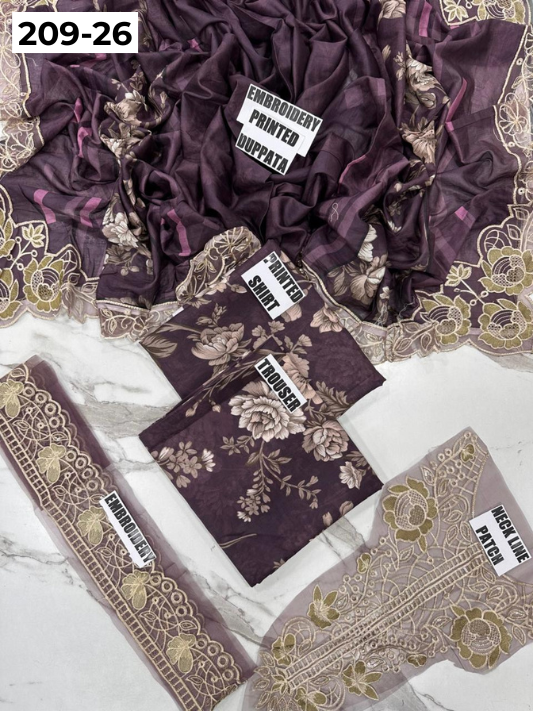 VOL 209 | DS 26 | LAWN 3PC PRINTED LAWN SHIRT ALONG WITH EMBROIDERED PATCHES PRINTED TROUSER EMBROIDERED DUPATTA