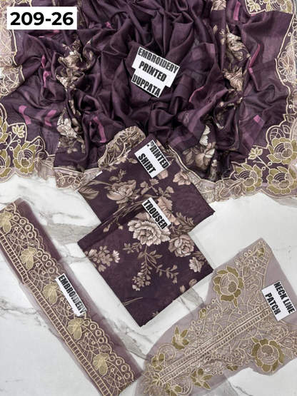 VOL 209 | DS 26 | LAWN 3PC PRINTED LAWN SHIRT ALONG WITH EMBROIDERED PATCHES PRINTED TROUSER EMBROIDERED DUPATTA