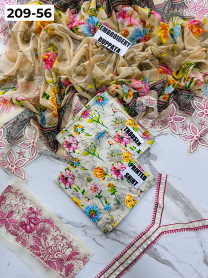 VOL 209 | DS 56 | LAWN 3PC PRINTED LAWN SHIRT ALONG WITH EMBROIDERED PATCHES PRINTED TROUSER EMBROIDERED DUPATTA