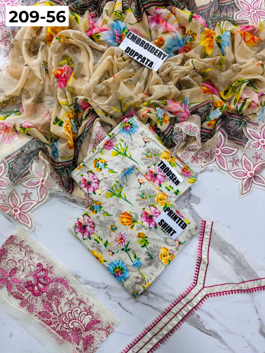 VOL 209 | DS 56 | LAWN 3PC PRINTED LAWN SHIRT ALONG WITH EMBROIDERED PATCHES PRINTED TROUSER EMBROIDERED DUPATTA