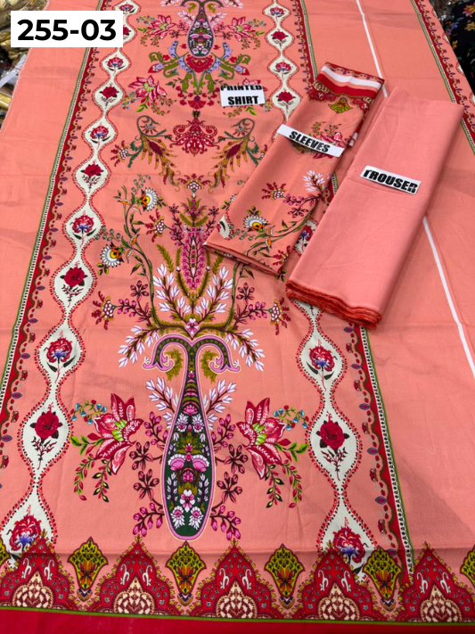 VOL 255 | DS 03 | PRINTED HIT CODES LAWN 2PC | DIGITAL PRINTED LAWN SHIRT PLAIN COTTON TROUSER