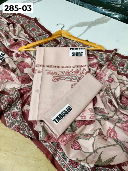 VOL 285 | DS 03 | NISHA BY SHANAYA | DIGITAL PRINTED 3PC STONE LINEN SHIRT, PRINTED TROUSER, PRINTED STONE LINEN DUPATTA