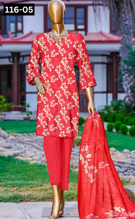 VOL 116 | DS 05 | DIGITAL PRINTED LAWN 3PC DYED TROUSER VOIL LAWN DUPATTA