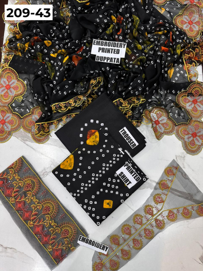 VOL 209 | DS 43 | LAWN 3PC PRINTED LAWN SHIRT ALONG WITH EMBROIDERED PATCHES PRINTED TROUSER EMBROIDERED DUPATTA