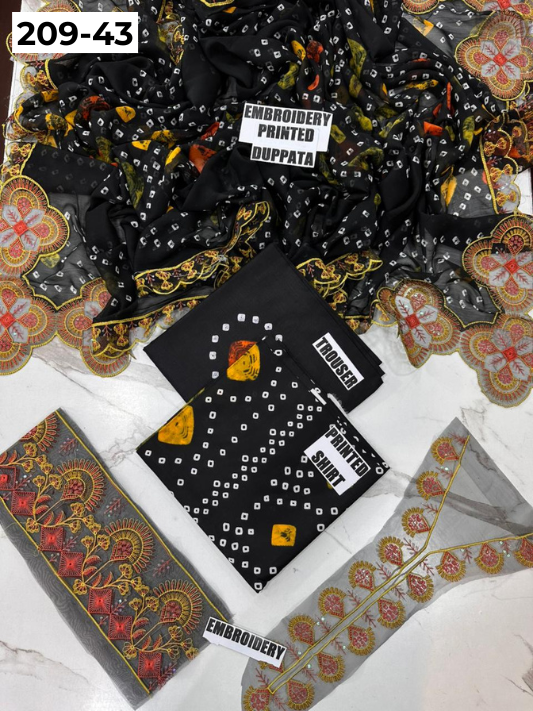 VOL 209 | DS 43 | LAWN 3PC PRINTED LAWN SHIRT ALONG WITH EMBROIDERED PATCHES PRINTED TROUSER EMBROIDERED DUPATTA
