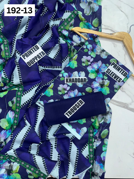 VOL 192 | DS 13 | DIGITAL PRINTED KHADDAR 3PC DYED TROUSER