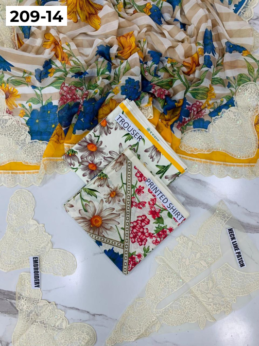 VOL 209 | DS 14 | LAWN 3PC PRINTED LAWN SHIRT ALONG WITH EMBROIDERED PATCHES PRINTED TROUSER EMBROIDERED DUPATTA