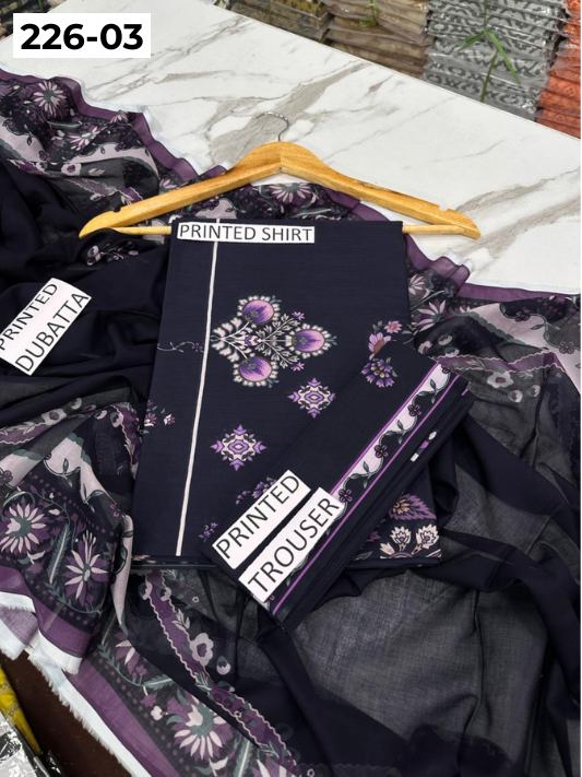 VOL 226 | DS 03 | DIGITAL PRINTED LAWN 3PC PRINTED LAWN SHIRT PLAIN TROUSER PRINTED VOIL DUPATTA
