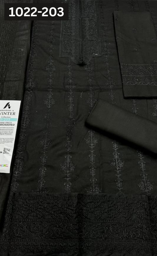 VOL 1022 | DS 203 | DHANAK DYED  EMBROIDERED 3PC DHANAK VELVET SHAWL