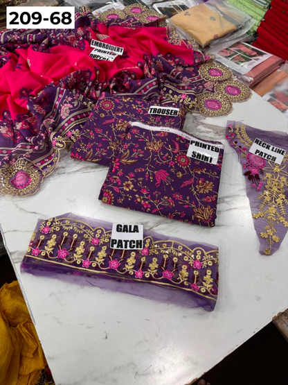 VOL 209 | DS 68 | LAWN 3PC PRINTED LAWN SHIRT ALONG WITH EMBROIDERED PATCHES PRINTED TROUSER EMBROIDERED DUPATTA