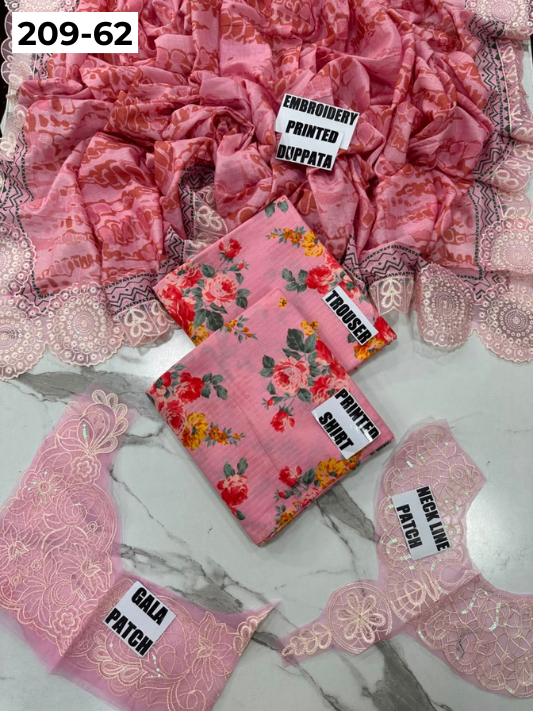 VOL 209 | DS 62 | LAWN 3PC PRINTED LAWN SHIRT ALONG WITH EMBROIDERED PATCHES PRINTED TROUSER EMBROIDERED DUPATTA