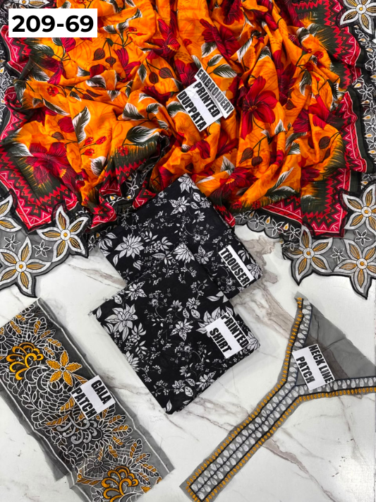 VOL 209 | DS 69 | LAWN 3PC PRINTED LAWN SHIRT ALONG WITH EMBROIDERED PATCHES PRINTED TROUSER EMBROIDERED DUPATTA
