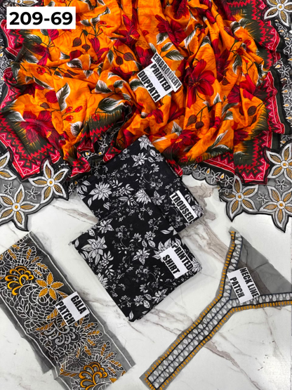 VOL 209 | DS 69 | LAWN 3PC PRINTED LAWN SHIRT ALONG WITH EMBROIDERED PATCHES PRINTED TROUSER EMBROIDERED DUPATTA