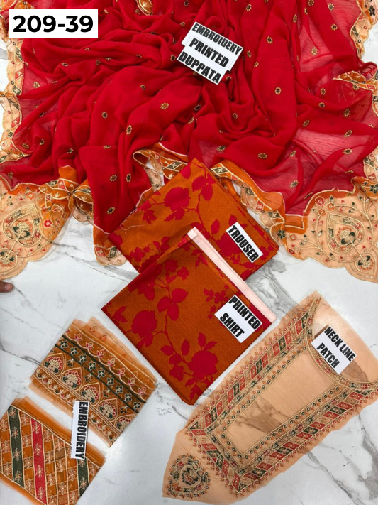 VOL 209 | DS 39 | LAWN 3PC PRINTED LAWN SHIRT ALONG WITH EMBROIDERED PATCHES PRINTED TROUSER EMBROIDERED DUPATTA