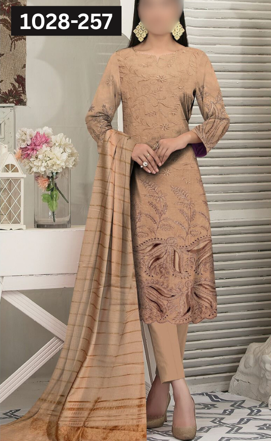VOL 1028 | DS 257 | DHANAK DYED  EMBROIDERED 3PC DHANAK JACQUARD VELVET SHAWL