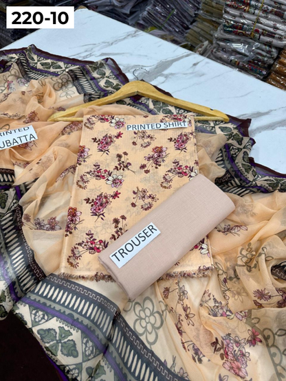 VOL 220 | DS 10 | BAROQUE LAWN 3PC | DIGITAL PRINTED BANADORA LAWN SHIRT PLAIN TROUSER BAMBER CHIFFON DUPATTA