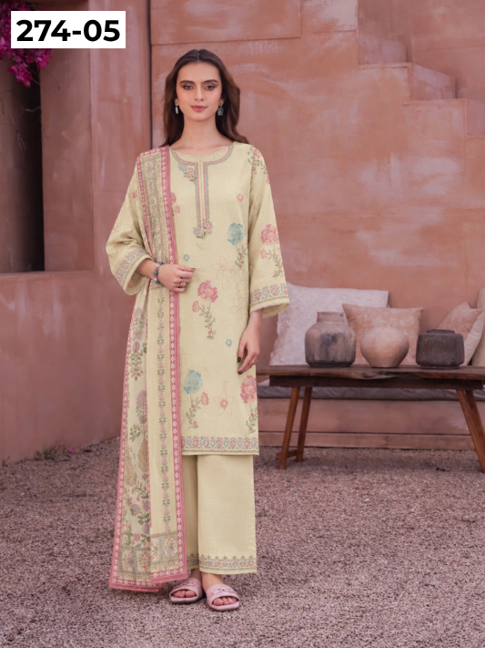 VOL 274 | DS 05 | NIRVANA BY SHANAYA | DIGITAL PRINTED 3PC STONE LINEN SHIRT, PRINTED TROUSER, PRINTED STONE LINEN DUPATTA
