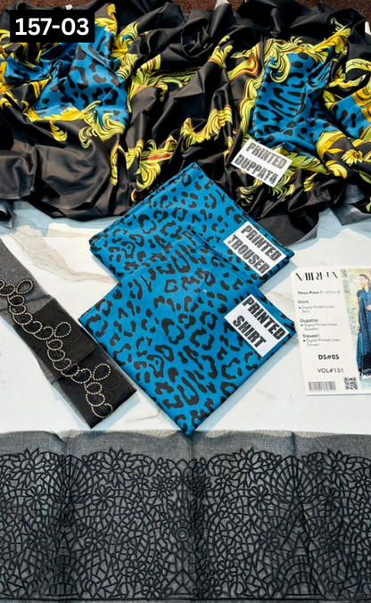 VOL 157 | DS 03 | DIGITAL PRINTED LINEN 3PC | LINEN DUPATTA | EMBROIDERED ORAGANZA PATCHES