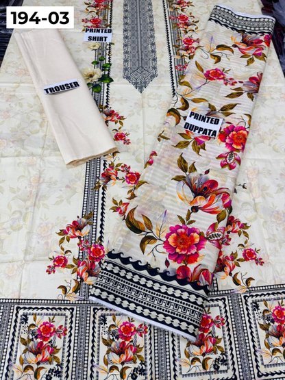 VOL 194 | DS 03 | Digital Printed Cotton Three Piece Doria Lawn Dupatta Plain Trouser