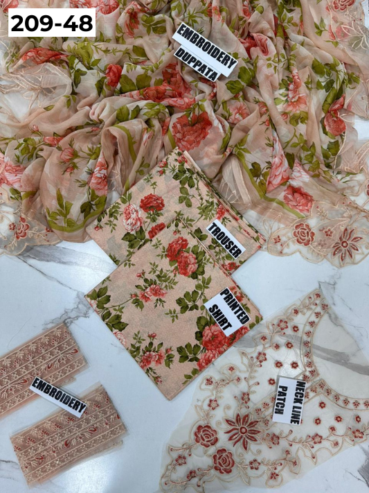 VOL 209 | DS 48 | LAWN 3PC PRINTED LAWN SHIRT ALONG WITH EMBROIDERED PATCHES PRINTED TROUSER EMBROIDERED DUPATTA