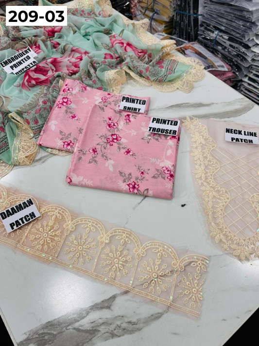 VOL 209 | DS 03 | LAWN 3PC PRINTED LAWN SHIRT ALONG WITH EMBROIDERED PATCHES PRINTED TROUSER EMBROIDERED DUPATTA