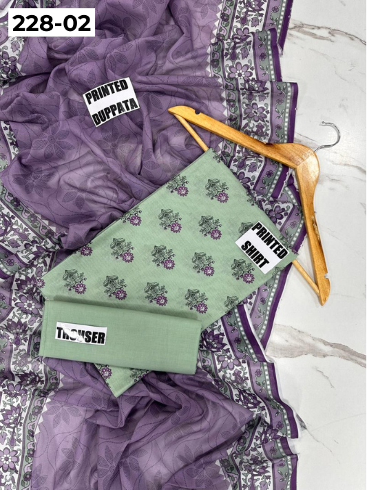 VOL 228 | DS 02 | DIGITAL PRINTED LAWN 3PC PRINTED LAWN SHIRT PLAIN TROUSER PRINTED VOIL DUPATTA