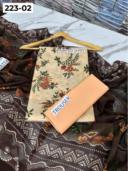 VOL 223 | DS 02 | SAPPHIRE LAWN | DIGITAL PRINTED BANADORA LAWN SHIRT PLAIN TROUSER VOIL LAWN DUPATTA