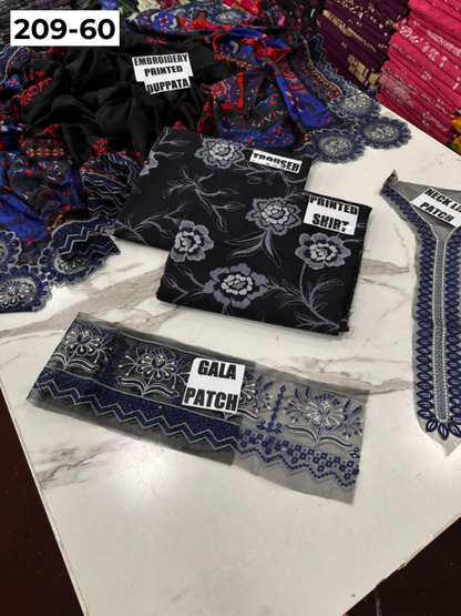 VOL 209 | DS 60 | LAWN 3PC PRINTED LAWN SHIRT ALONG WITH EMBROIDERED PATCHES PRINTED TROUSER EMBROIDERED DUPATTA