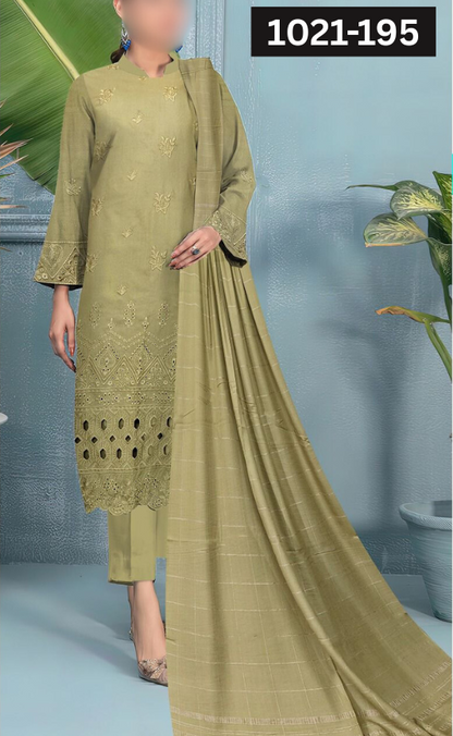 VOL 1021 | DS 195 | DHANAK DYED  EMBROIDERED 3PC DHANAK VELVET SHAWL