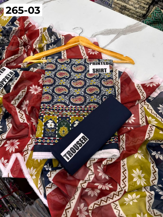 VOL 265 | DS 03 | LALA CLASSIC | DIGITAL PRINTED 3PC LAWN SHIRT, DYED TROUSER, PRINTED VOIL DUPATTA