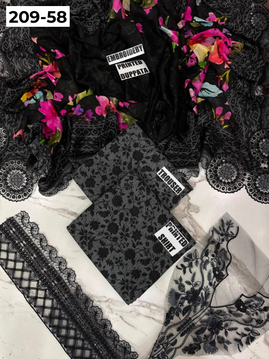 VOL 209 | DS 58 | LAWN 3PC PRINTED LAWN SHIRT ALONG WITH EMBROIDERED PATCHES PRINTED TROUSER EMBROIDERED DUPATTA