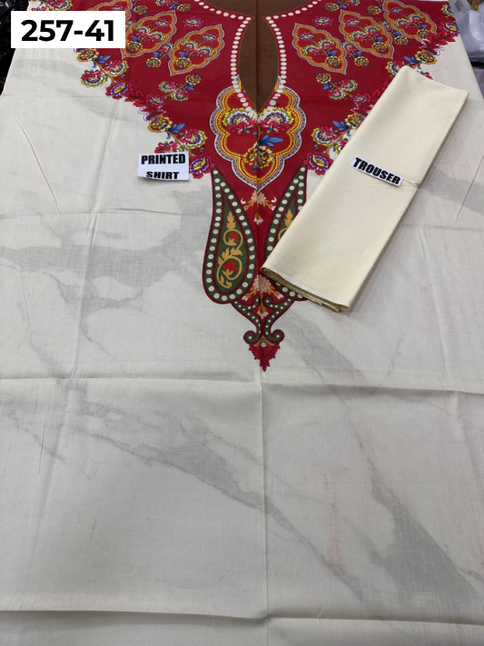 VOL 257 | DS 41 | PRINTED HIT CODES LAWN 2PC | DIGITAL PRINTED LAWN SHIRT, PLAIN COTTON TROUSER