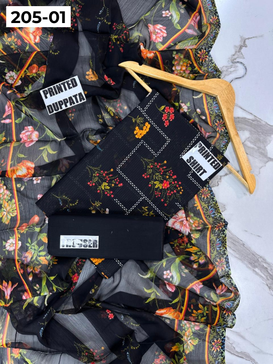 VOL 205 | DS 01 | DIGITAL PRINTED BANADORA LAWN SHIRT PLAIN TROUSER BAMBER CHIFFON DUPATTA