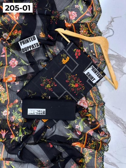 VOL 205 | DS 01 | DIGITAL PRINTED BANADORA LAWN SHIRT PLAIN TROUSER BAMBER CHIFFON DUPATTA