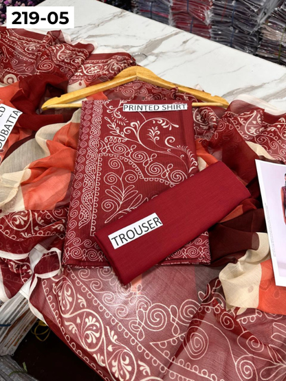 VOL 219 | DS 05 | ETHNC LAWN 3PC | DIGITAL PRINTED BANADORA LAWN SHIRT PLAIN TROUSER BAMBER CHIFFON DUPATTA