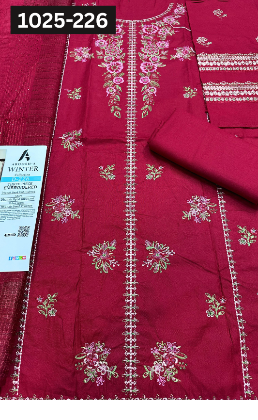 VOL 1025 | DS 226 | DHANAK DYED  EMBROIDERED 3PC DHANAK JACQUARD VELVET SHAWL