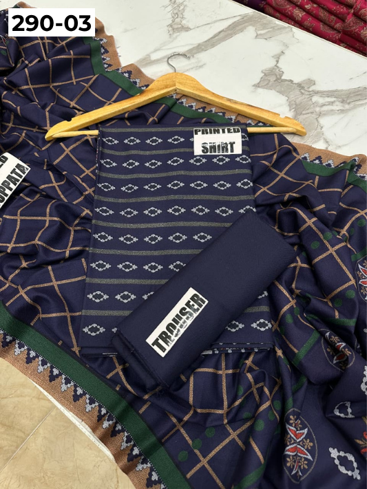 VOL 290 | DS 03 | PREMIUM DHANAK WINTER COLLECTON - DIGITAL PRINTED 3 PIECE SUIT | Printed Shirt with Neck Design | Plain Dyed Matching Trouser | Printed Dupatta