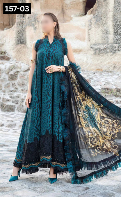 VOL 157 | DS 03 | DIGITAL PRINTED LINEN 3PC | LINEN DUPATTA | EMBROIDERED ORAGANZA PATCHES