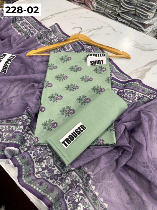 VOL 228 | DS 02 | DIGITAL PRINTED LAWN 3PC PRINTED LAWN SHIRT PLAIN TROUSER PRINTED VOIL DUPATTA