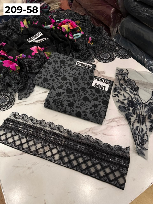 VOL 209 | DS 58 | LAWN 3PC PRINTED LAWN SHIRT ALONG WITH EMBROIDERED PATCHES PRINTED TROUSER EMBROIDERED DUPATTA