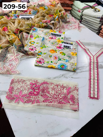 VOL 209 | DS 56 | LAWN 3PC PRINTED LAWN SHIRT ALONG WITH EMBROIDERED PATCHES PRINTED TROUSER EMBROIDERED DUPATTA