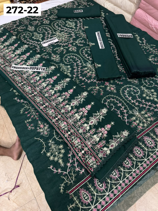 VOL 272 | DS 22 | KARANDI LUXURY EMBROIDERY 3PC - EMBROIDERED SHIRT, PLAIN TROUSER, READY TO WEAR EMBROIDERED KARANDI DUBATTA