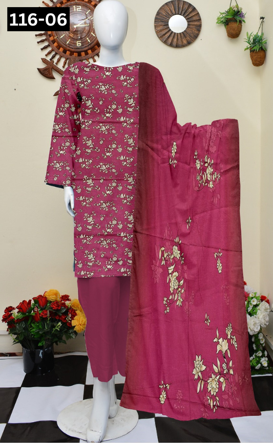 VOL 116 | DS 06 | DIGITAL PRINTED LAWN 3PC DYED TROUSER VOIL LAWN DUPATTA