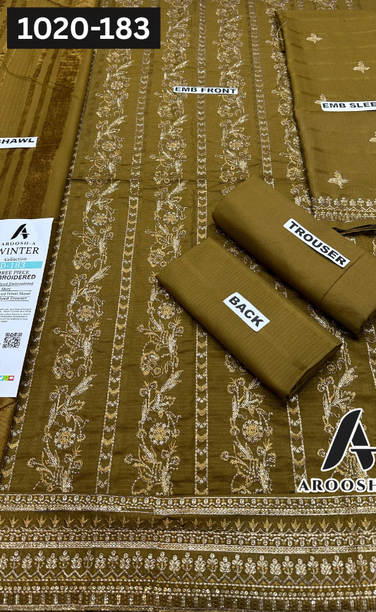 VOL 1020 | DS 183 | DHANAK DYED  EMBROIDERED 3PC DHANAK VELVET SHAWL