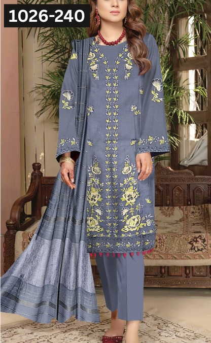 VOL 1026 | DS 240 | DHANAK DYED  EMBROIDERED 3PC DHANAK VELVET SHAWL