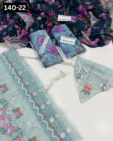 VOL 140 | DS 22 | DIGITAL PRINTED BANADORA LAWN 3PC | VOIL LAWN DUPATTA | EMBROIDERED ORAGANZA PATCHES