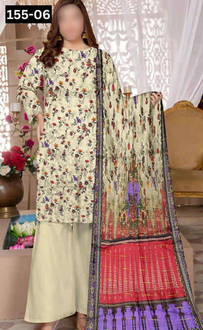 VOL 155 | DS 06 | DIGITAL PRINTED BANADORA LINEN 3PC LINEN DUPATTA