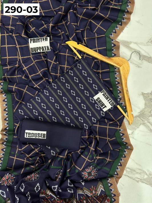 VOL 290 | DS 03 | PREMIUM DHANAK WINTER COLLECTON - DIGITAL PRINTED 3 PIECE SUIT | Printed Shirt with Neck Design | Plain Dyed Matching Trouser | Printed Dupatta