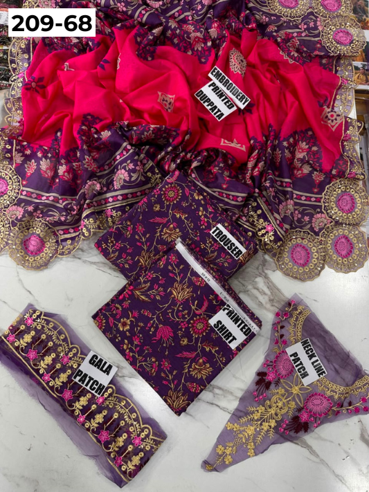 VOL 209 | DS 68 | LAWN 3PC PRINTED LAWN SHIRT ALONG WITH EMBROIDERED PATCHES PRINTED TROUSER EMBROIDERED DUPATTA